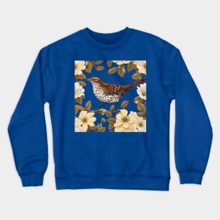 A Brown Thrasher Bird Surrounded By Rose Flowers Crewneck Sweatshirt